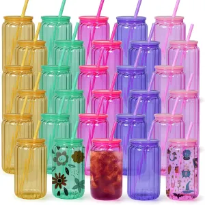 30 Pack Sublimation Glass Cups with Lids and Straws 16 oz Colorful Sublimation Beer Glass Can Shaped Borosilicate Sublimation Glass Tumblers for Beer, Juice, Soda, Iced Coffee-(Inner Stripe)