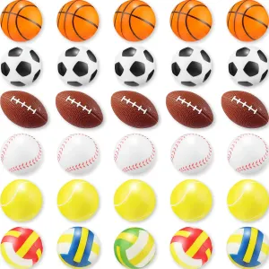 30 Pieces Mini Stress Balls 2.5 Inch Foam Sports Balls for Boys Girls, Includes Basketball, Football, Baseball, Soccer, Tennis, Volleyball Foam for Stress Relief, Party Favor Toys Games