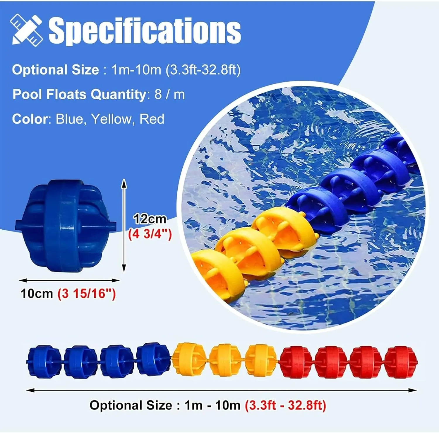 3.3ft - 60ft Pool Safety Floats Pool Divider Rope High Buoyancy Safety Floating Rope Line, UV-Proof & Eco-Friendly Lane Separation Cord, Clearly Distinguish Between Waters