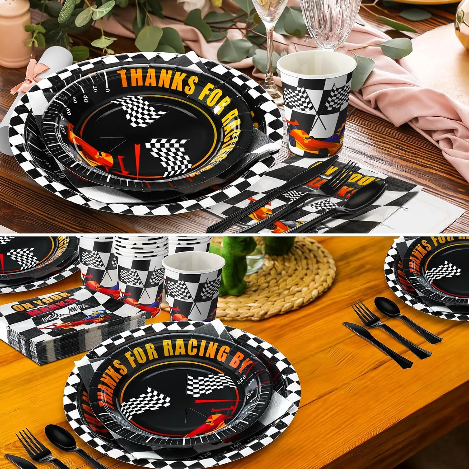 350 Pcs Race Car Party Tableware for 50 Guests Baby Shower Race Car Plates Disposable Napkins Cups Dessert Plates Start Your Engines Plastic Knives Fork Spoon for Racing Theme Party