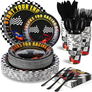 350 Pcs Race Car Party Tableware for 50 Guests Baby Shower Race Car Plates Disposable Napkins Cups Dessert Plates Start Your Engines Plastic Knives Fork Spoon for Racing Theme Party