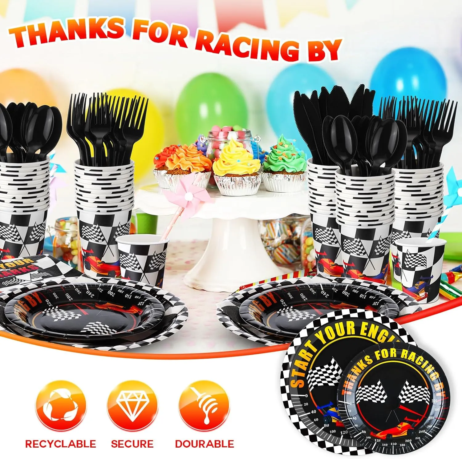 350 Pcs Race Car Party Tableware for 50 Guests Baby Shower Race Car Plates Disposable Napkins Cups Dessert Plates Start Your Engines Plastic Knives Fork Spoon for Racing Theme Party