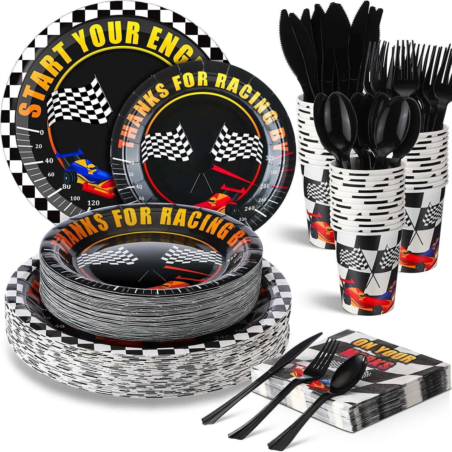 350 Pcs Race Car Party Tableware for 50 Guests Baby Shower Race Car Plates Disposable Napkins Cups Dessert Plates Start Your Engines Plastic Knives Fork Spoon for Racing Theme Party