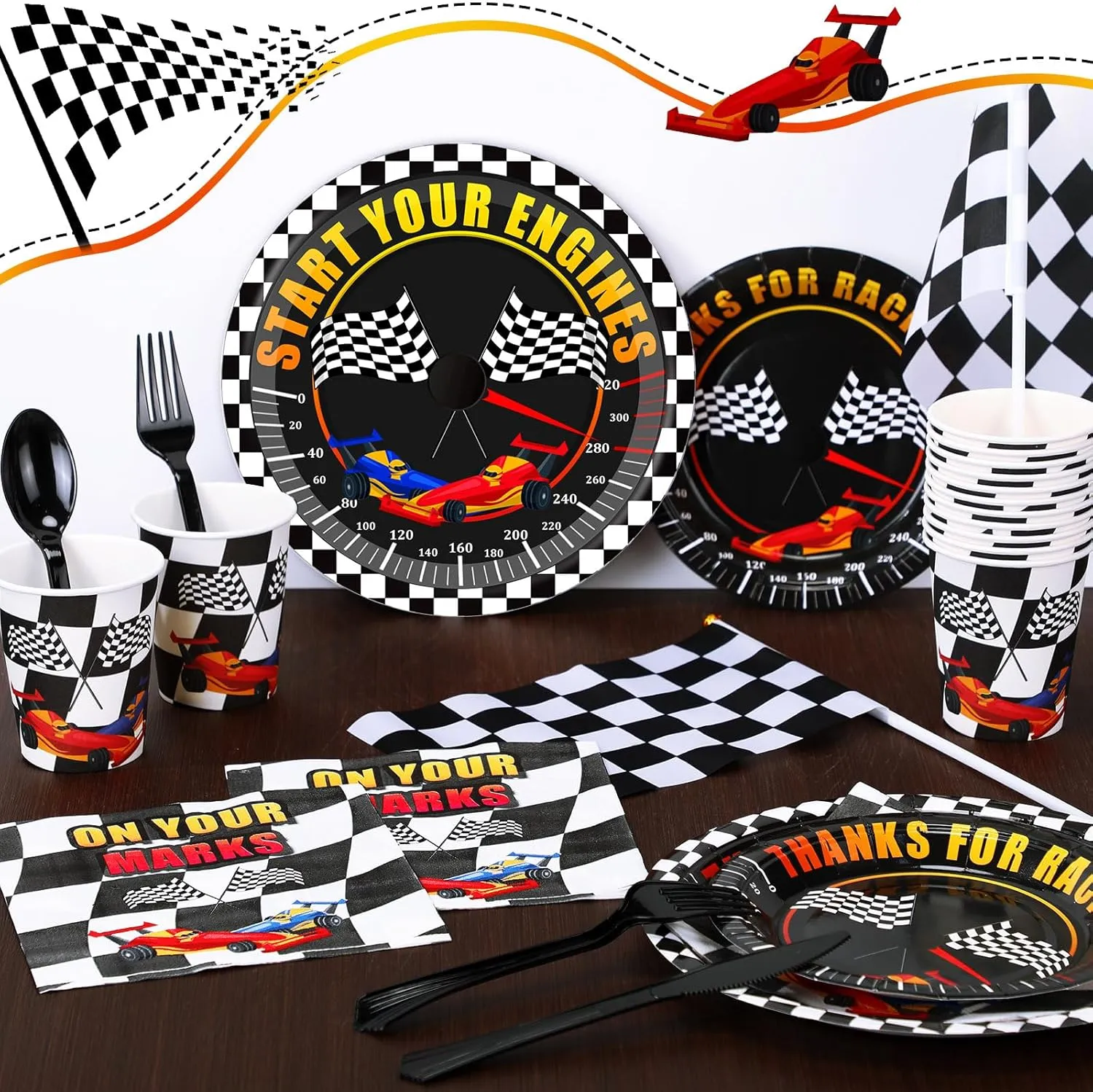 350 Pcs Race Car Party Tableware for 50 Guests Baby Shower Race Car Plates Disposable Napkins Cups Dessert Plates Start Your Engines Plastic Knives Fork Spoon for Racing Theme Party