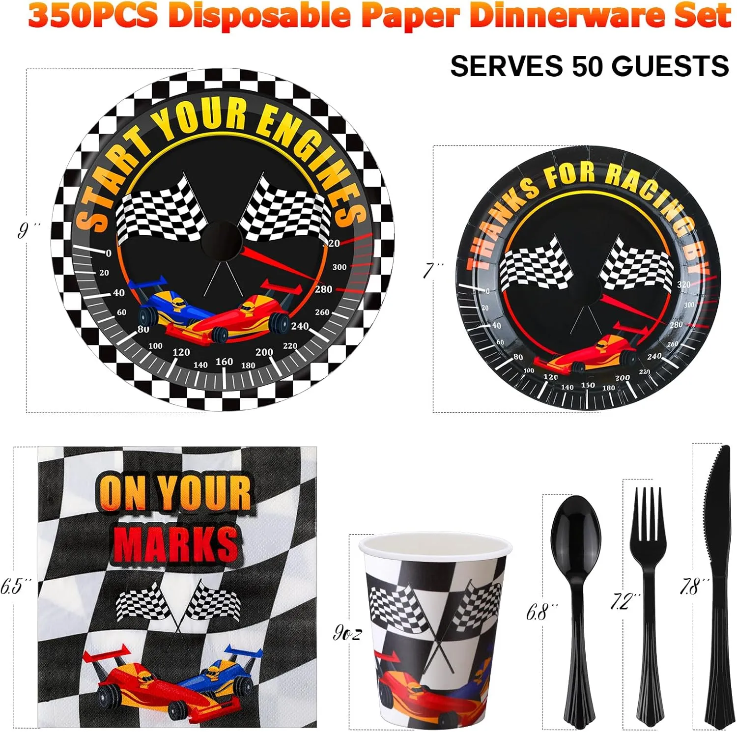 350 Pcs Race Car Party Tableware for 50 Guests Baby Shower Race Car Plates Disposable Napkins Cups Dessert Plates Start Your Engines Plastic Knives Fork Spoon for Racing Theme Party