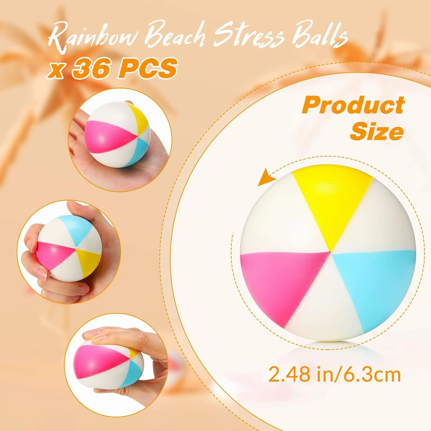 36 Pcs Beach Stress Ball 2.5 Inch Summer Mini Stress Relief Balls Rainbow Squeeze Toys Pu Foam Squeezy Toy for Girls Boys Adults Beach Birthday Party Favors Water Pool Games(Bright Color)