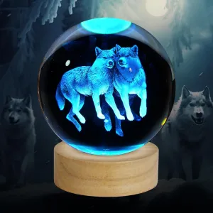 3D Wolf Crystal Ball Night Light, Upgraded 3.15 Inch Glass Ball Lamp with 16 Color LED Wooden Base, Wolf Statue Decor Birthday Holiday Christmas Wolf Gifts for Boys Girls Friends
