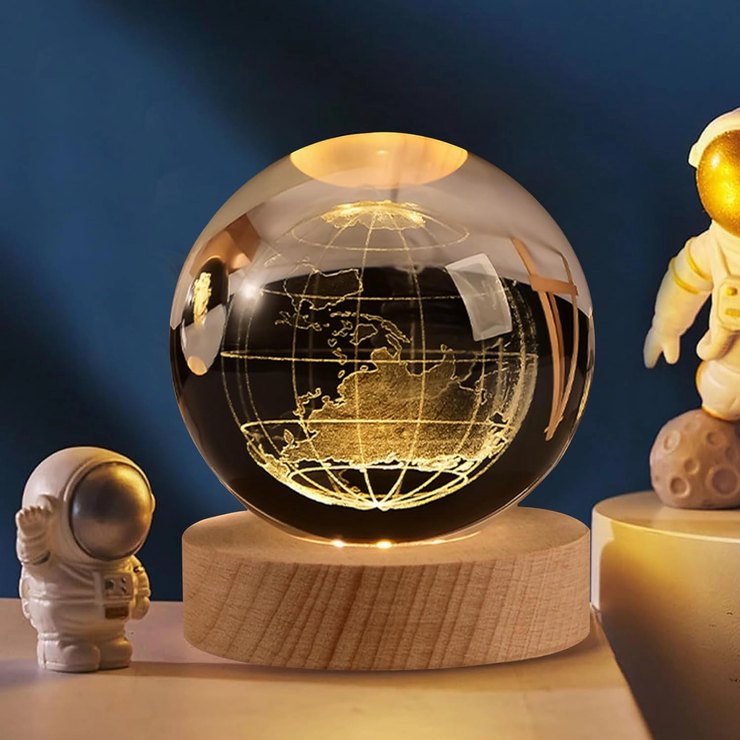 3D Earth Crystal Ball Night Light Glass Ball with Wooden Base Fantasy Decoration LED Galaxy Planet Nightlight for Bedroom Decor, 2.4 inch (60mm)