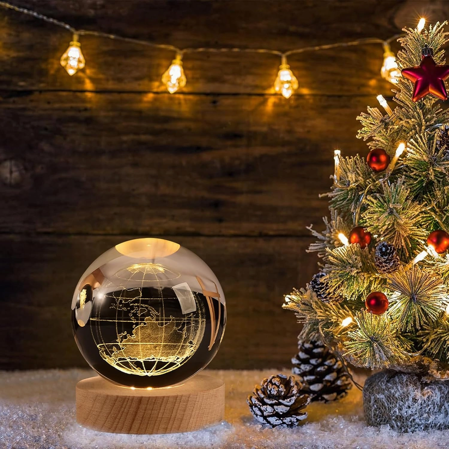 3D Earth Crystal Ball Night Light Glass Ball with Wooden Base Fantasy Decoration LED Galaxy Planet Nightlight for Bedroom Decor, 2.4 inch (60mm)