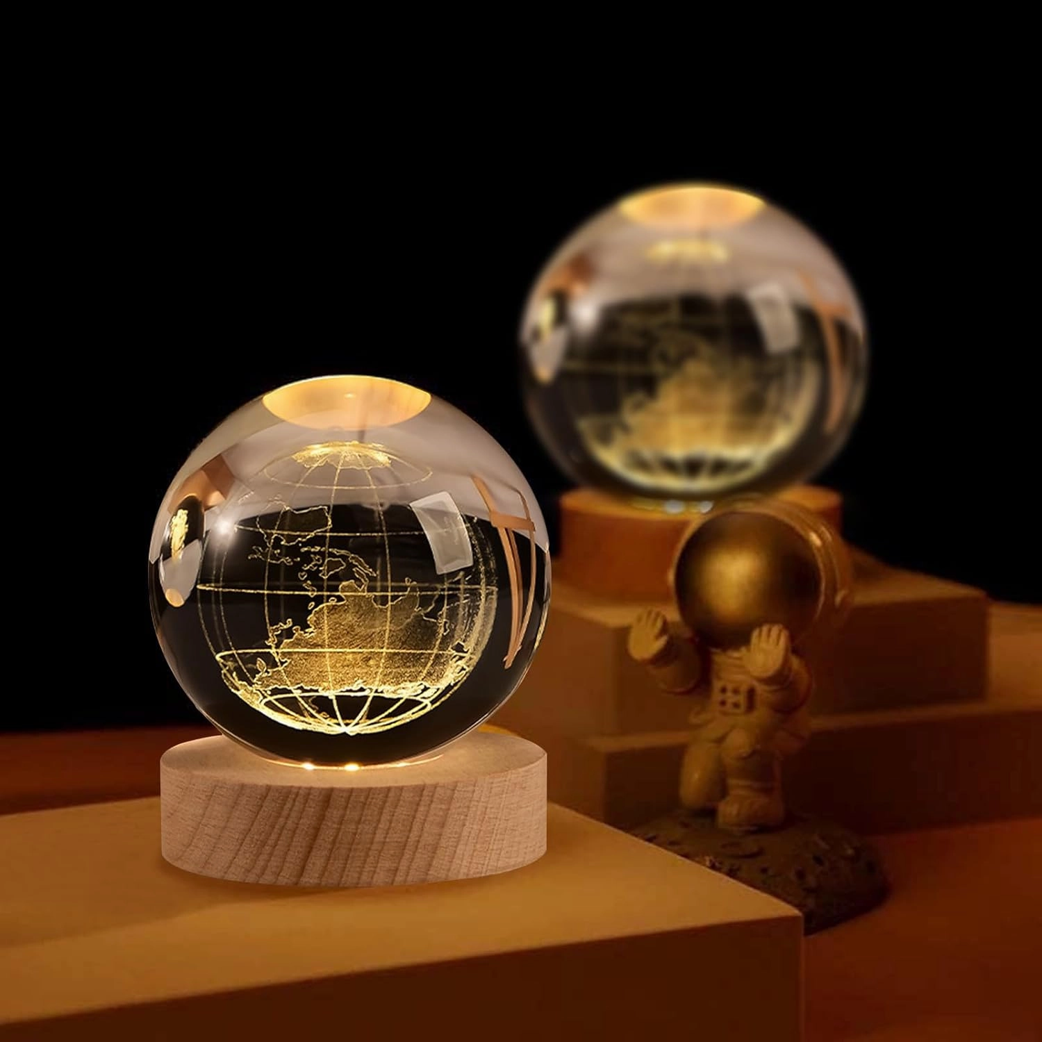 3D Earth Crystal Ball Night Light Glass Ball with Wooden Base Fantasy Decoration LED Galaxy Planet Nightlight for Bedroom Decor, 2.4 inch (60mm)