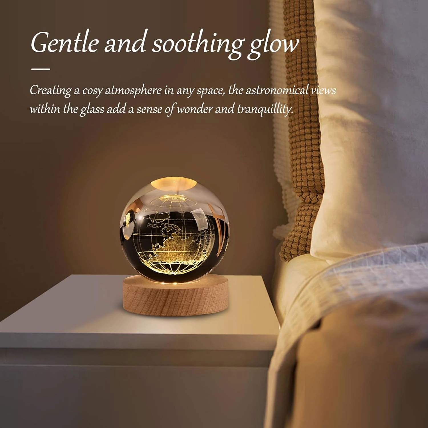 3D Earth Crystal Ball Night Light Glass Ball with Wooden Base Fantasy Decoration LED Galaxy Planet Nightlight for Bedroom Decor, 2.4 inch (60mm)
