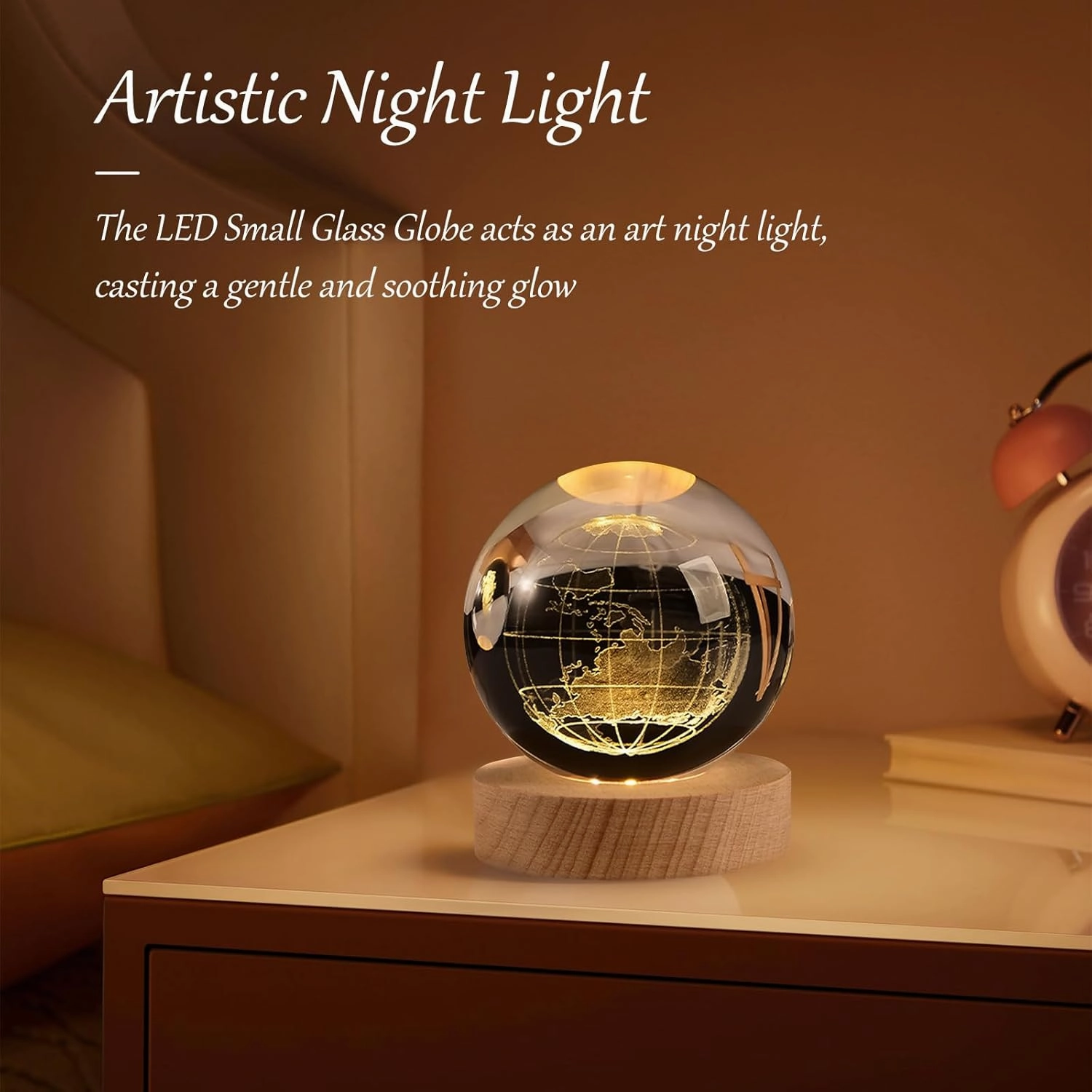 3D Earth Crystal Ball Night Light Glass Ball with Wooden Base Fantasy Decoration LED Galaxy Planet Nightlight for Bedroom Decor, 2.4 inch (60mm)