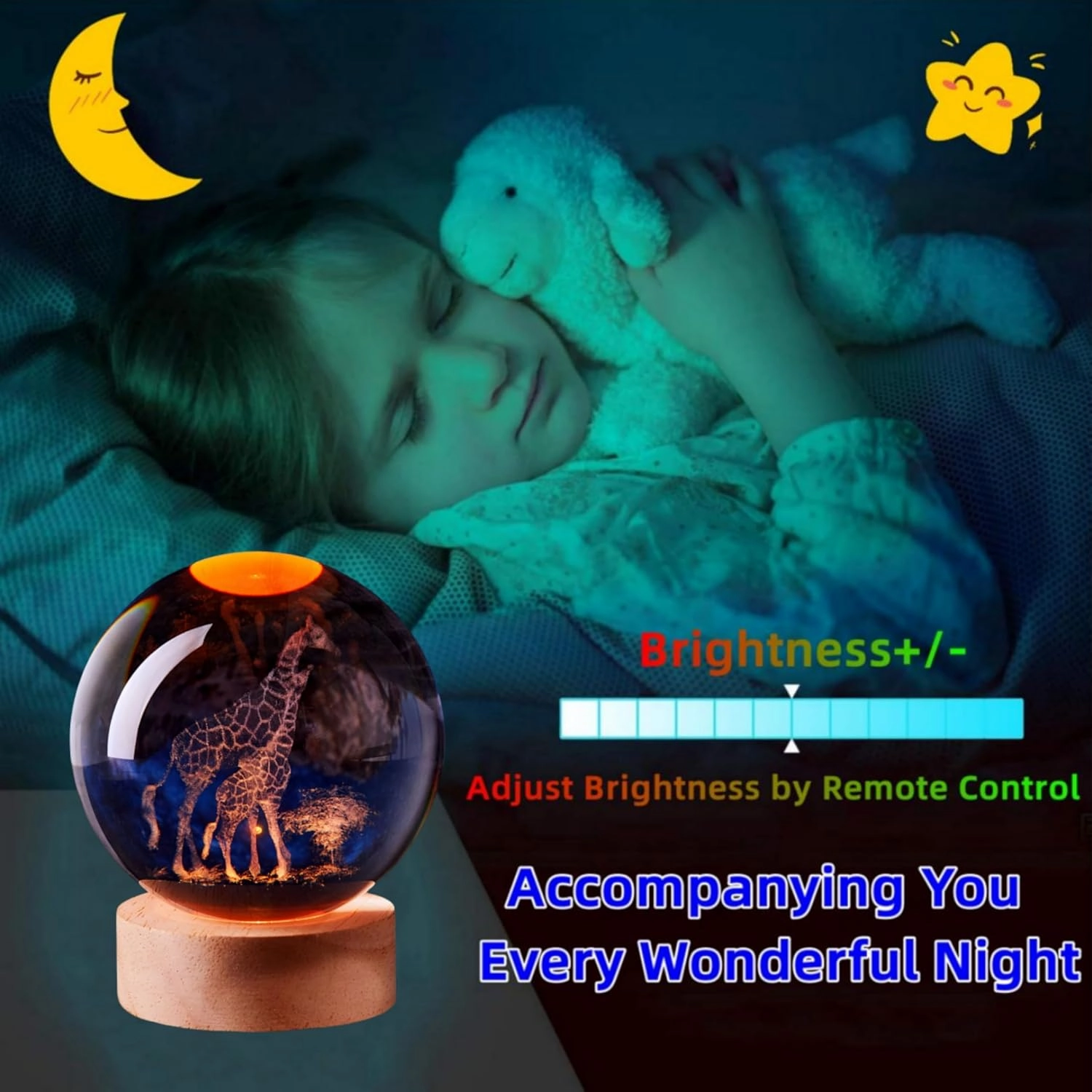 3D Large Giraffe Crystal Ball Night Light with Wooden Base, Giraffes Crystal Lamp Gift for Kids Wife Friends, 16 Color Changing with Remote Control, Laser Engraved 3.15 inch Glass Ball Lamp (Giraffe)