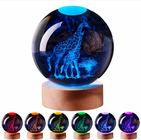 3D Large Giraffe Crystal Ball Night Light with Wooden Base, Giraffes Crystal Lamp Gift for Kids Wife Friends, 16 Color Changing with Remote Control, Laser Engraved 3.15 inch Glass Ball Lamp (Giraffe)