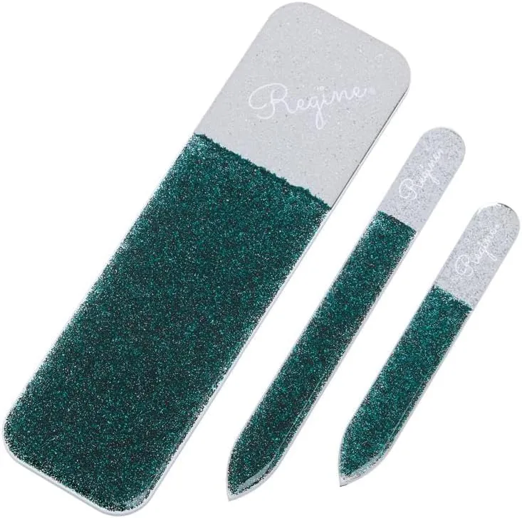 3pc Nano File Set: Professional Heavy Duty Glass Nail Files with Case Kit - Reusable Crystal Fingernail Manicure and Pedicure Tools for Men, Women, and Adults (Emerald Shimmer)