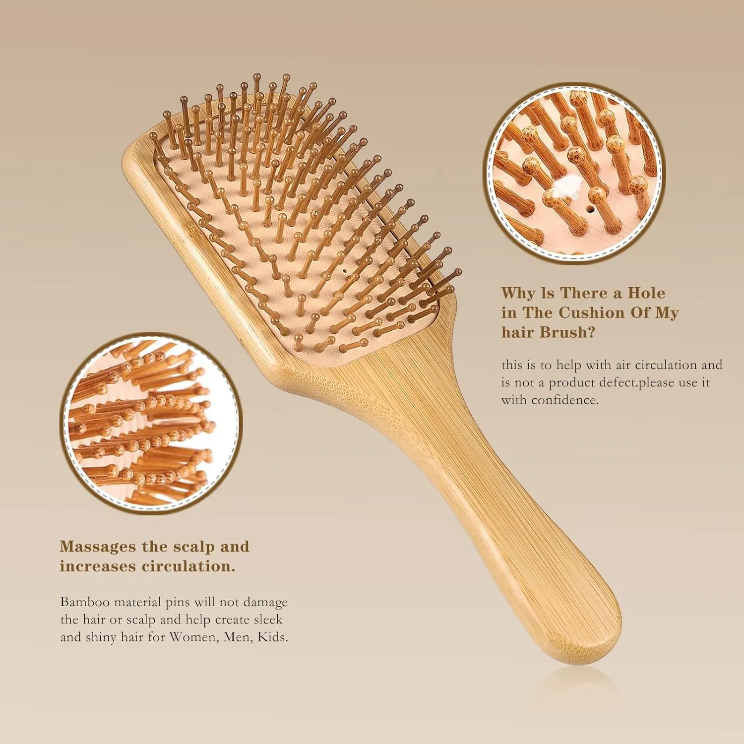 3Pcs Bamboo Hair Brush Set for Hair Growth, Bamboo Paddle Detangling Hairbrush Board Bristles Round Brush Wooden Rat Tail Comb for Women Men and Kids Massage Scalp