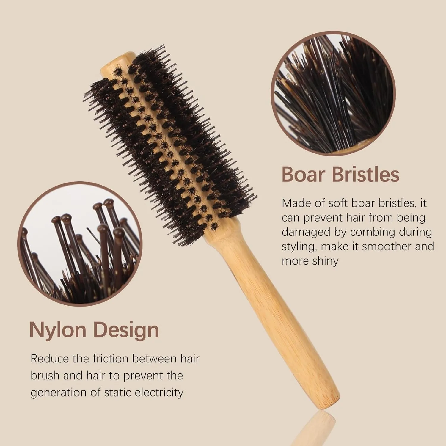 3Pcs Bamboo Hair Brush Set for Hair Growth, Bamboo Paddle Detangling Hairbrush Board Bristles Round Brush Wooden Rat Tail Comb for Women Men and Kids Massage Scalp