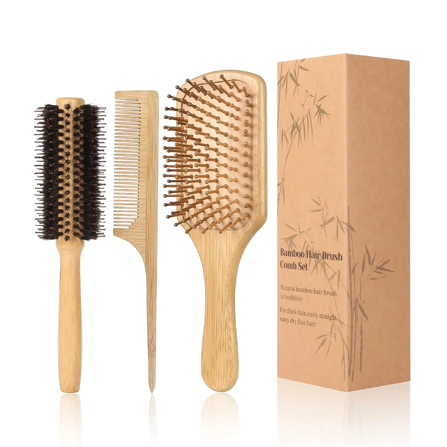 3Pcs Bamboo Hair Brush Set for Hair Growth, Bamboo Paddle Detangling Hairbrush Board Bristles Round Brush Wooden Rat Tail Comb for Women Men and Kids Massage Scalp