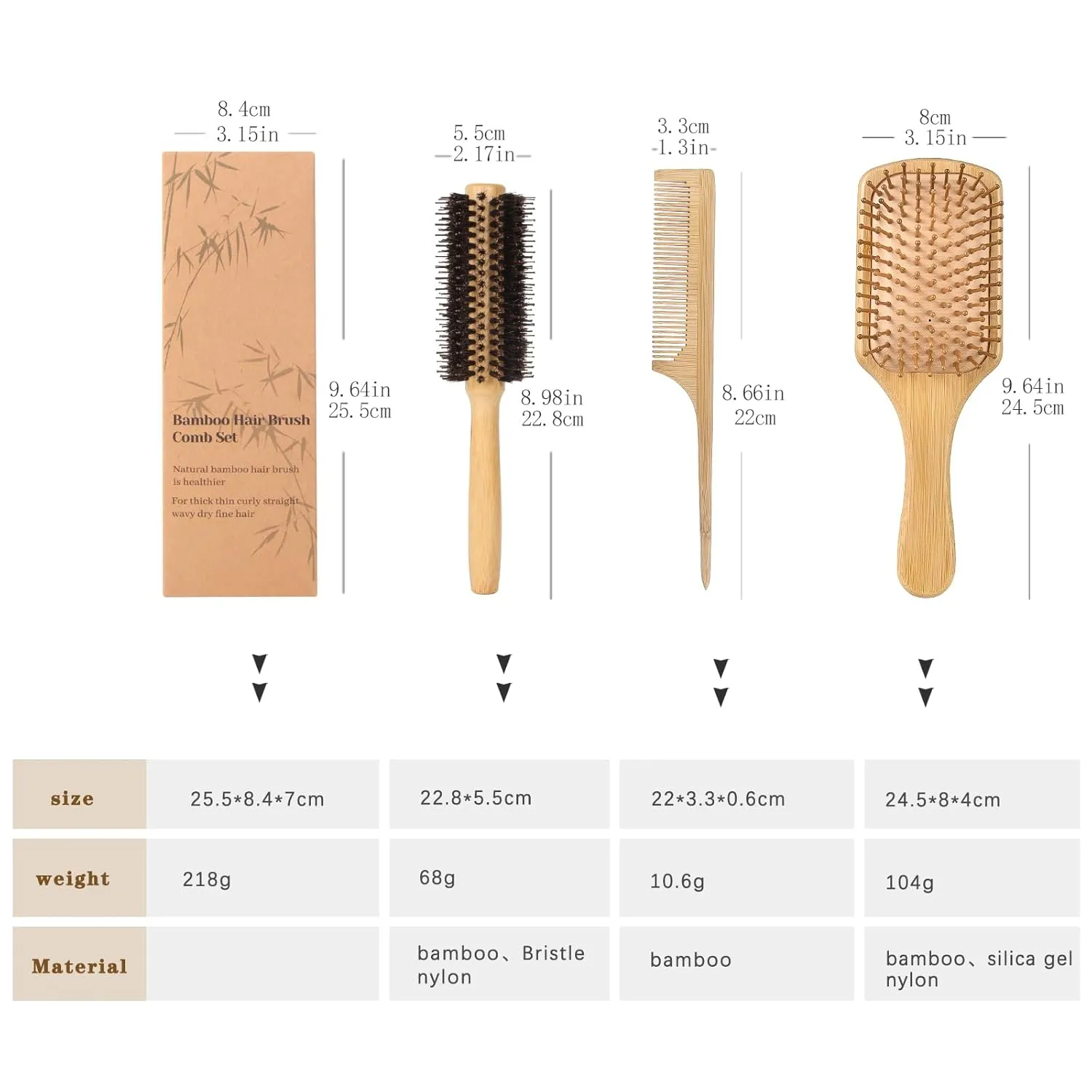3Pcs Bamboo Hair Brush Set for Hair Growth, Bamboo Paddle Detangling Hairbrush Board Bristles Round Brush Wooden Rat Tail Comb for Women Men and Kids Massage Scalp