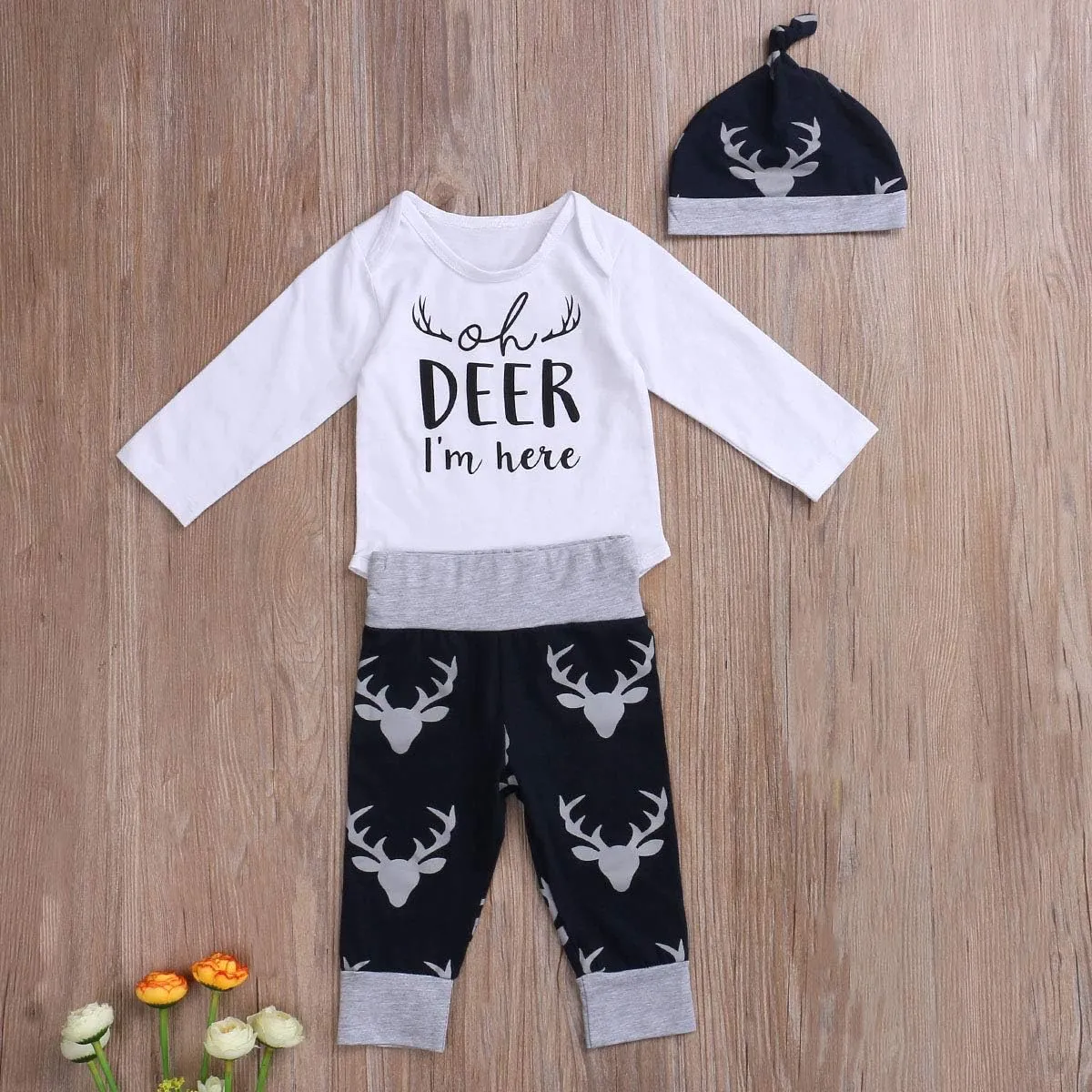 3pcs Newborn Baby Girl Boy Western Clothes Long Sleeve Letter Romper Pattern Pants Hat Fall Winter Outfits Set