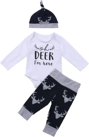 3pcs Newborn Baby Girl Boy Western Clothes Long Sleeve Letter Romper Pattern Pants Hat Fall Winter Outfits Set