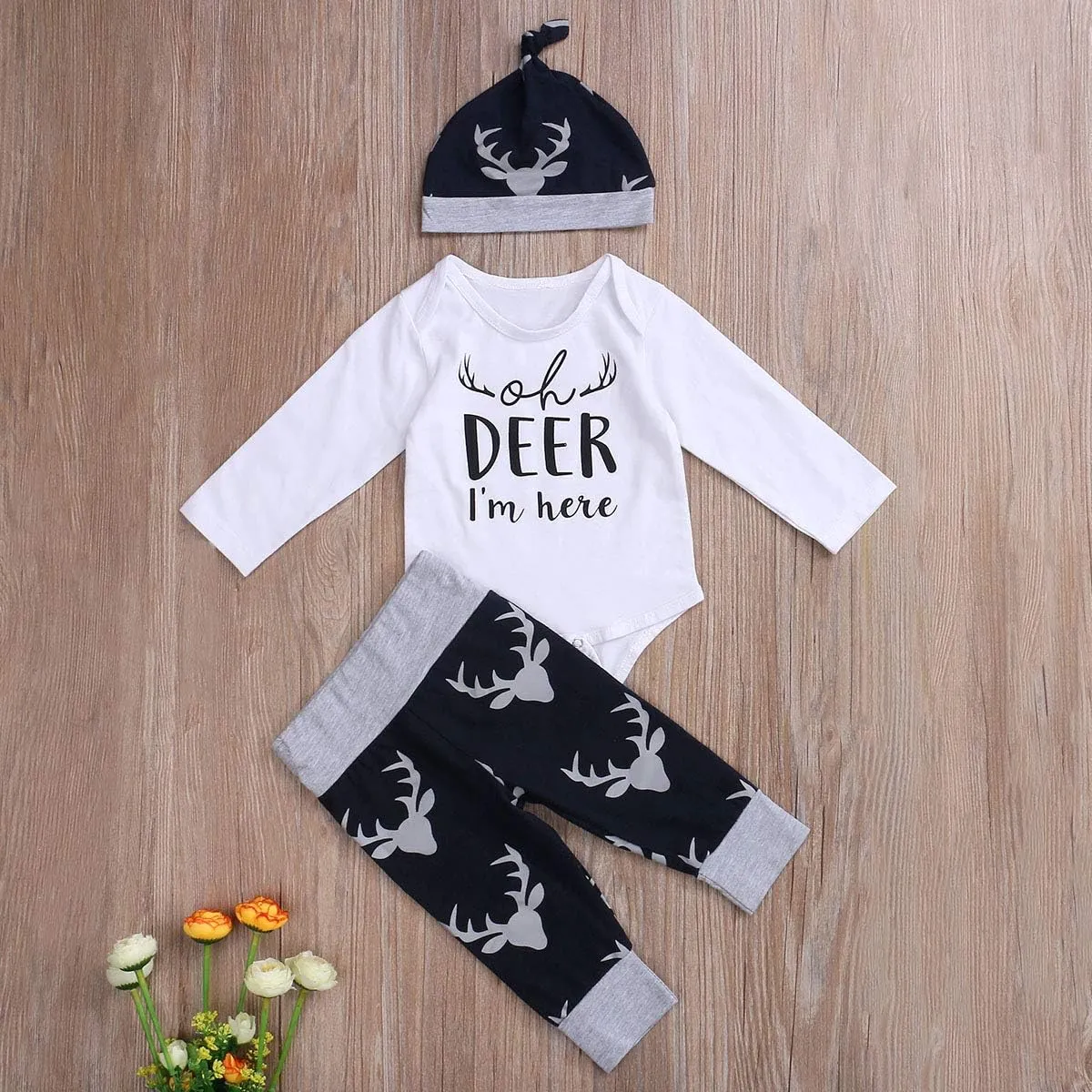 3pcs Newborn Baby Girl Boy Western Clothes Long Sleeve Letter Romper Pattern Pants Hat Fall Winter Outfits Set