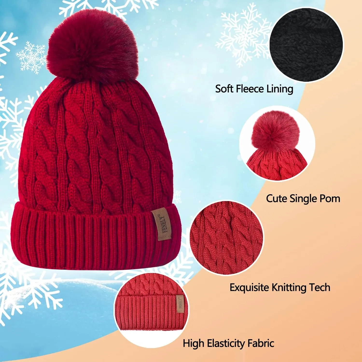 3Pcs Winter Women Beanie Hat Scarf and Touch Screen Gloves Sets Girls Classic Knit Warm Chunky Fleece Lined Cable Cap