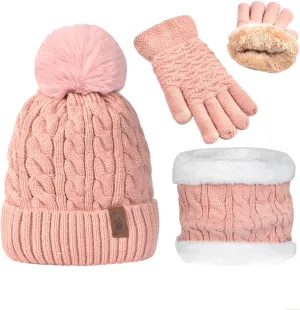 3Pcs Winter Women Beanie Hat Scarf and Touch Screen Gloves Sets Girls Classic Knit Warm Chunky Fleece Lined Cable Cap