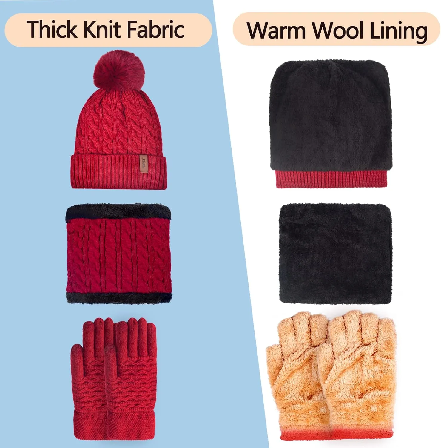 3Pcs Winter Women Beanie Hat Scarf and Touch Screen Gloves Sets Girls Classic Knit Warm Chunky Fleece Lined Cable Cap