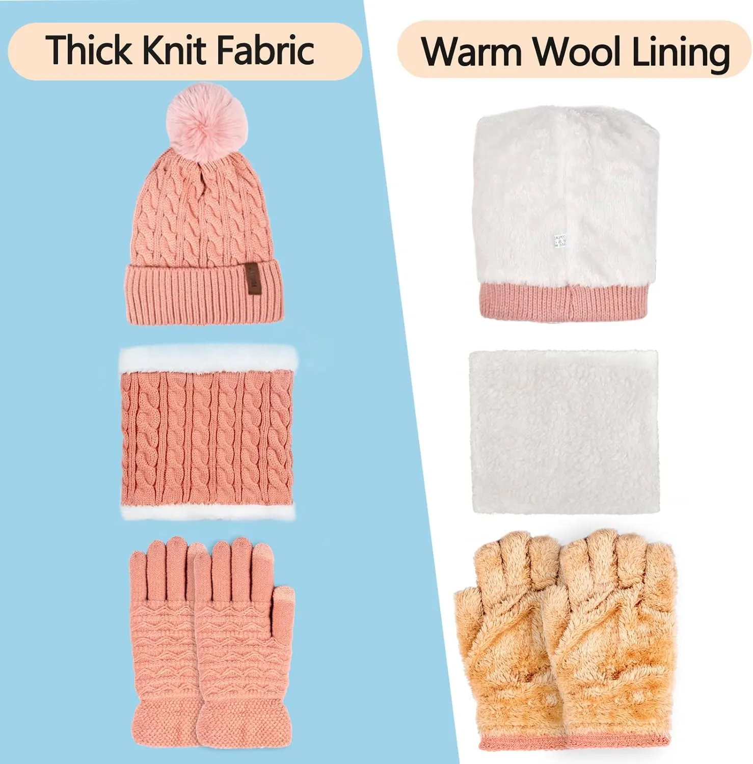 3Pcs Winter Women Beanie Hat Scarf and Touch Screen Gloves Sets Girls Classic Knit Warm Chunky Fleece Lined Cable Cap