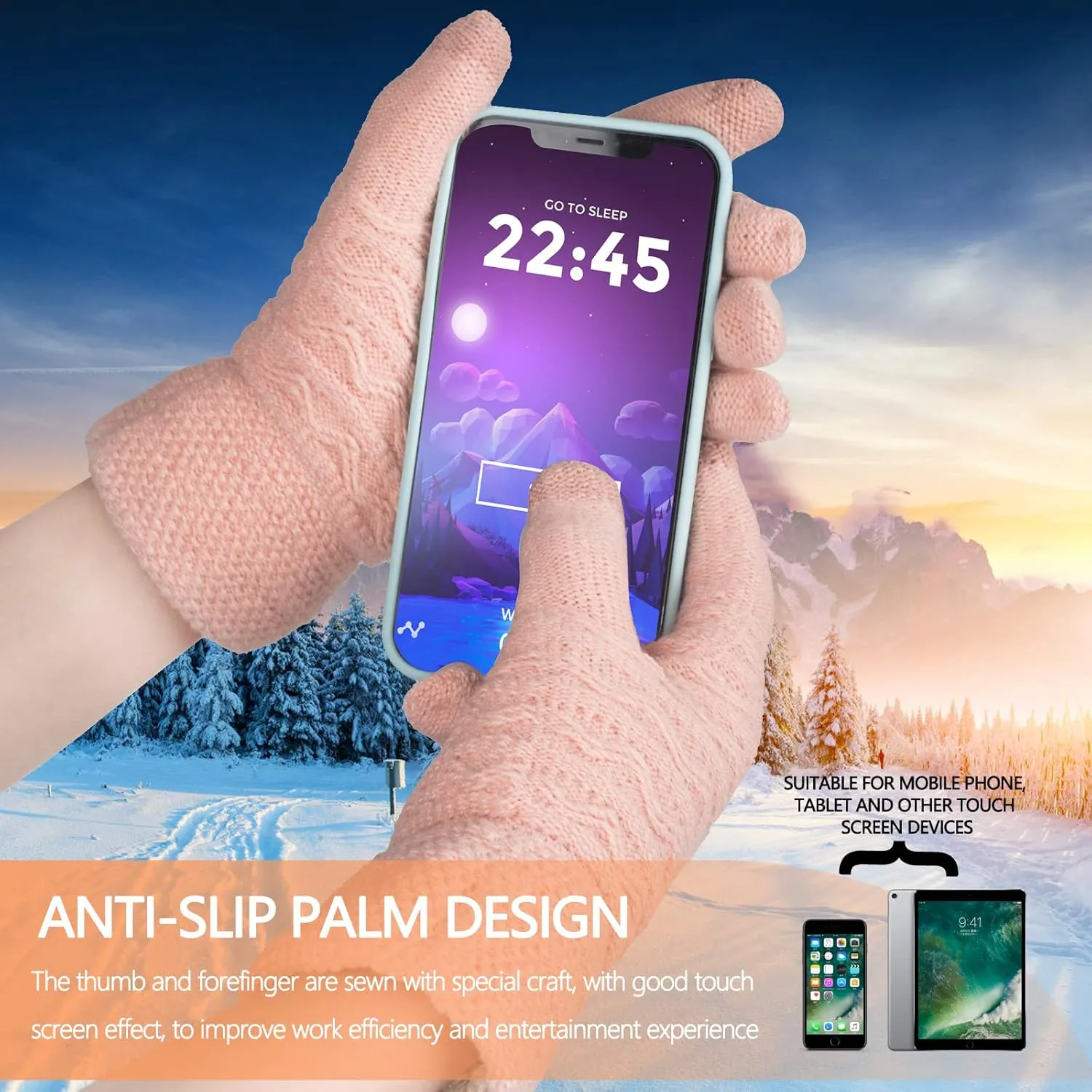 3Pcs Winter Women Beanie Hat Scarf and Touch Screen Gloves Sets Girls Classic Knit Warm Chunky Fleece Lined Cable Cap
