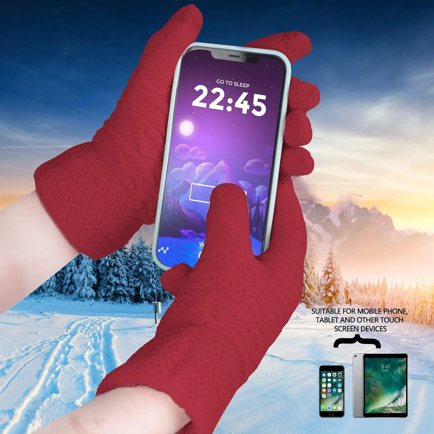 3Pcs Winter Women Beanie Hat Scarf and Touch Screen Gloves Sets Girls Classic Knit Warm Chunky Fleece Lined Cable Cap
