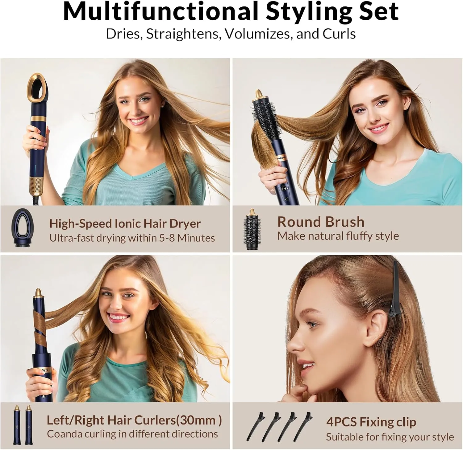 4-in-1 Hot Air Hair Styler & Hair Dryer Brush - 110,000RPM High Speed Ionic Blow Dryer for Fast Drying, Curling & Straightening - Suitable for Straight, Wavy, Curly, Coily Hair - No Heat Damage