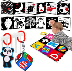 4 PCS Black and White High Contrast Baby Toys 0-3-6 Months Newborn Essential Montessori Toy for Babies Crinkle Sensory Book Brain Development Tummy Time Mirror Infant Carseat Rattle Easter Shower Gift