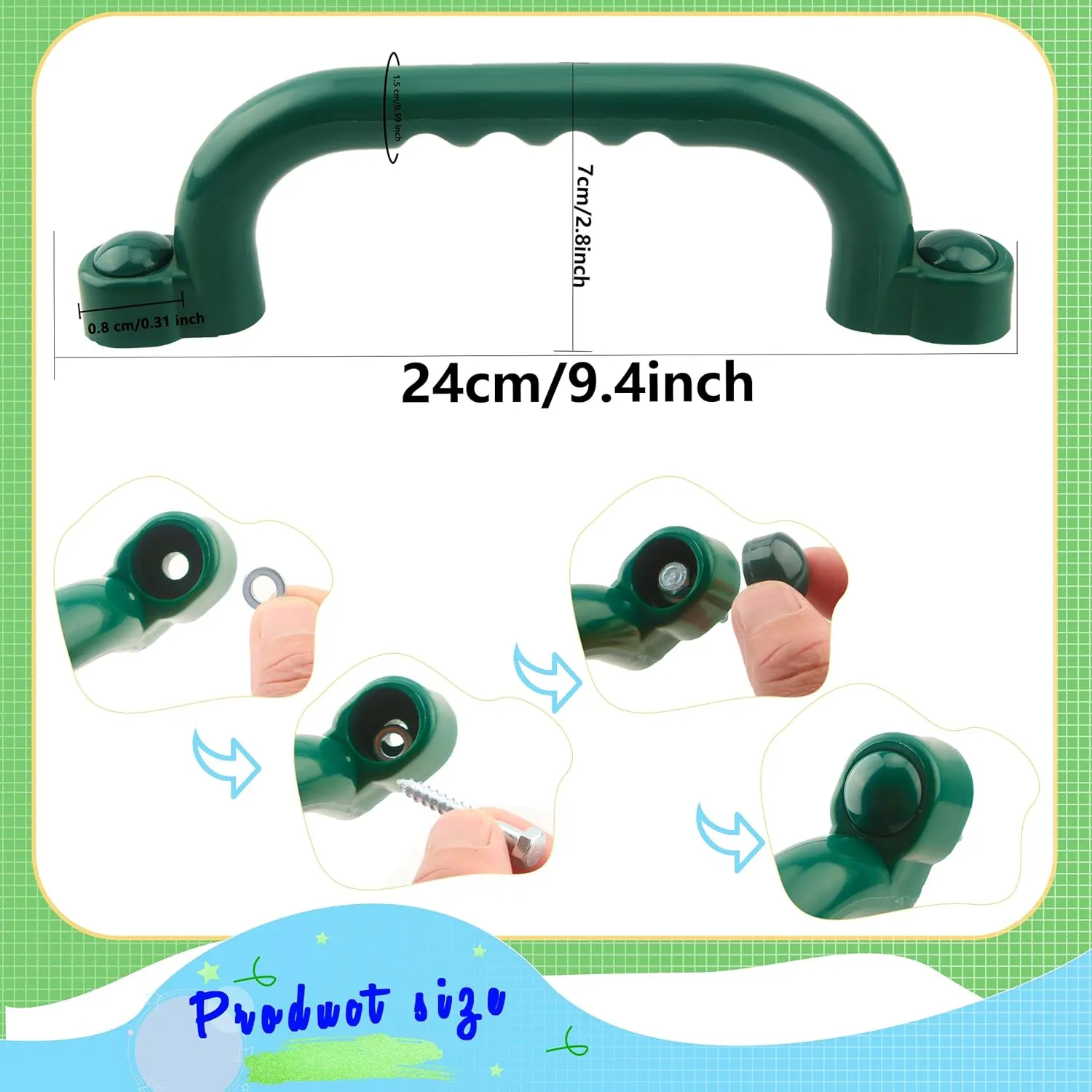 4 Pieces Kids Playground Safety Handles Playground Grab Handle Bars Playground Accessories Equipment for Kids Outdoor Playset Backyard Playhouse Tree House Jungle Gym (Green)
