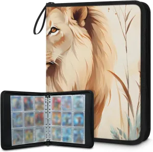 4 Pocket Card Binder, Colorful Lion 400 Pockets Collector Album with Zipper Trading Card Binder, Tropical Leaves Double Sided Pocket Collection Binder