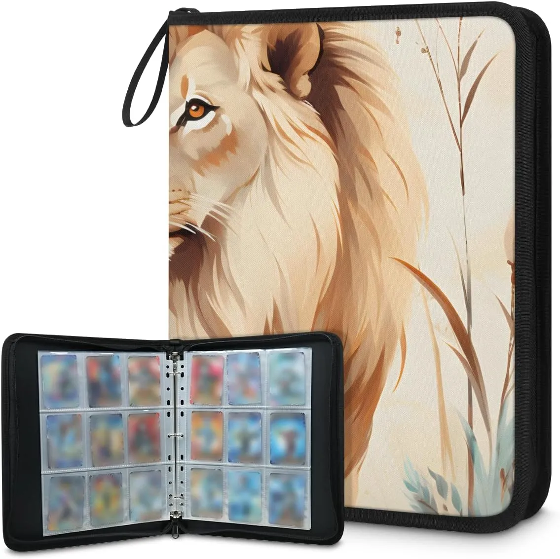 4 Pocket Card Binder, Colorful Lion 400 Pockets Collector Album with Zipper Trading Card Binder, Tropical Leaves Double Sided Pocket Collection Binder