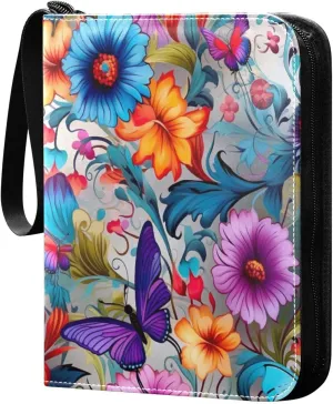 4 Pocket Card Binder with 50 Removable Sleeves Colorful Floral Trading Card Binder Collector Card Album for 400 Game Sports Cards
