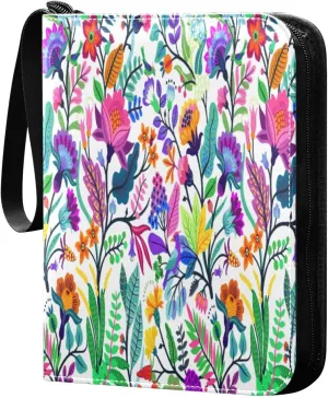 4 Pocket Card Binder with 50 Removable Sleeves Colorful Flowers & Tropical Leaves Trading Card Binder Collector Card Album for 400 Game Sports Cards