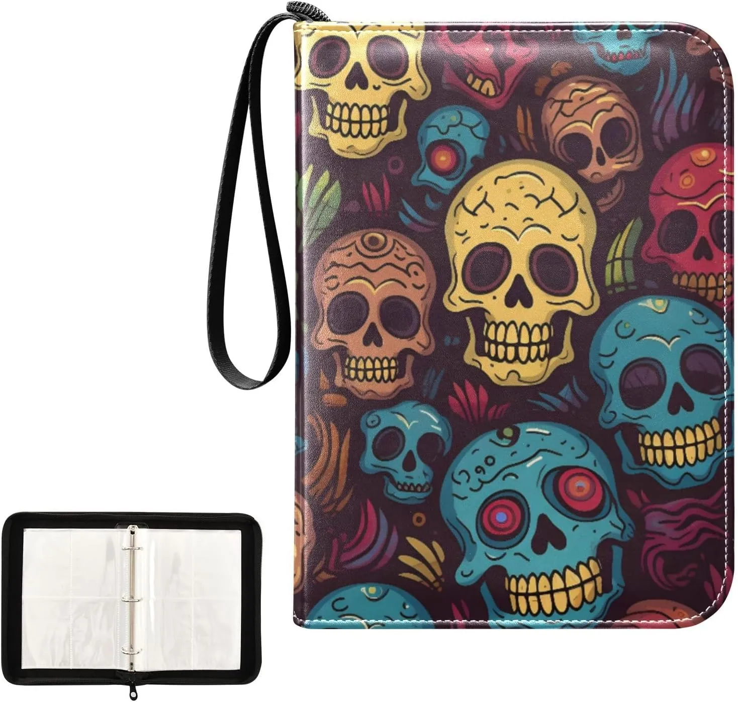 4 Pockets Trading Card Album Holder Book Folder Sports Card Binder Skull Colorful 400 Double Side Pockets for 3 Ring Binder Zipper