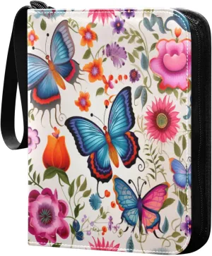 4 Pockets Trading Card Binder Colorful Butterflies and Flowers Holds 400 Standard Cards, Waterproof TCG CCG MTG Album, Gifts for Collectors, Boys and Girls