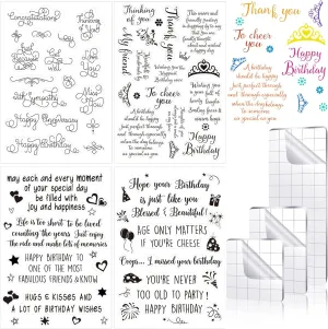 4 Sheets Sentiments Rubber Clear Stamps Set for Card Making and 3 Pcs Acrylic Stamp Block Tools with Grid Lines Happy Birthday, Books Stamps Craft Supplies for DIY Scrapbooking(Birthday)
