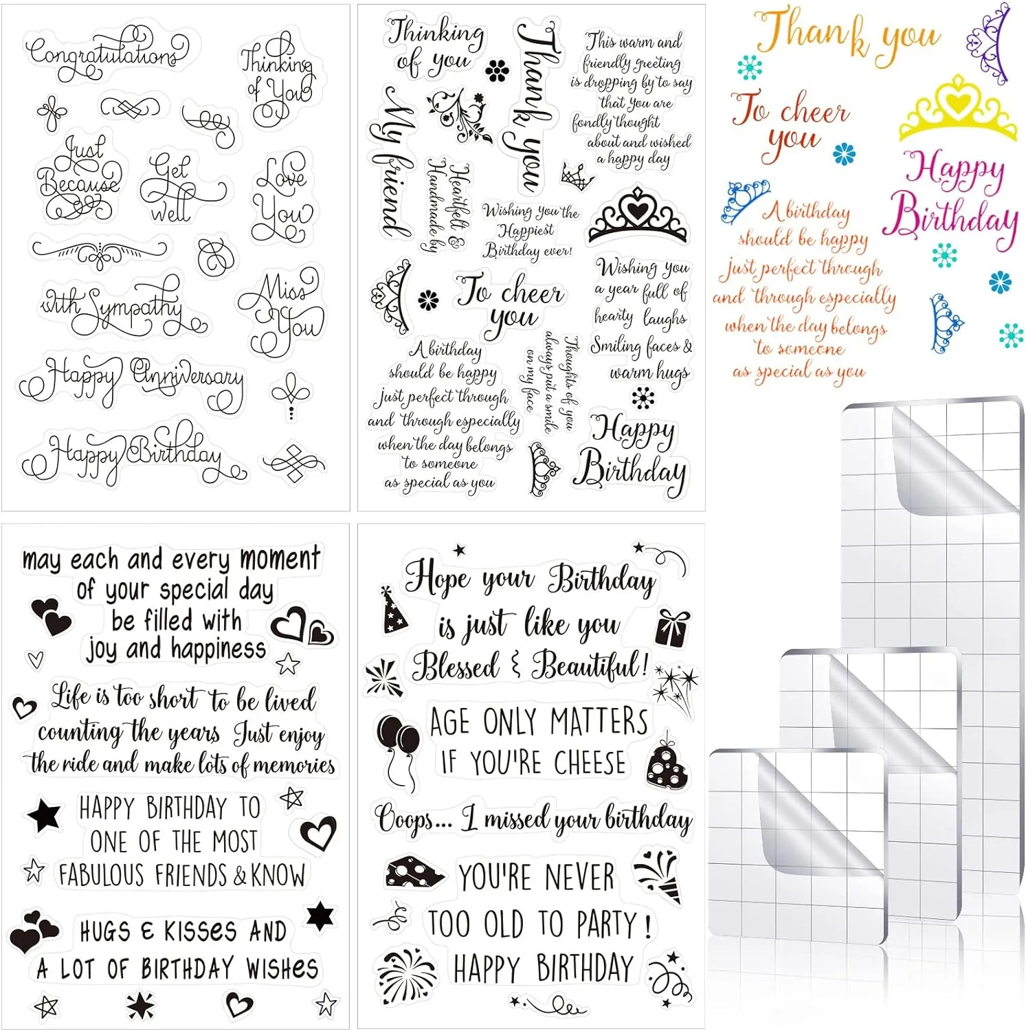 4 Sheets Sentiments Rubber Clear Stamps Set for Card Making and 3 Pcs Acrylic Stamp Block Tools with Grid Lines Happy Birthday, Books Stamps Craft Supplies for DIY Scrapbooking(Birthday)