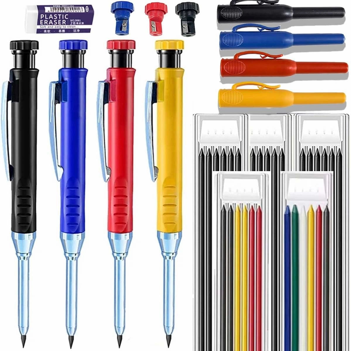 4 Carpenter Pencils, 34 Pen Cores, Deep Hole Marking Structure, With Sharpener, Mechanical Carpenter Pencil, Architect Heavy-duty Stainless Steel Carpenter Pencil Shell Eraser