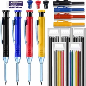 4 Carpenter Pencils, 34 Pen Cores, Deep Hole Marking Structure, With Sharpener, Mechanical Carpenter Pencil, Architect Heavy-duty Stainless Steel Carpenter Pencil Shell Eraser
