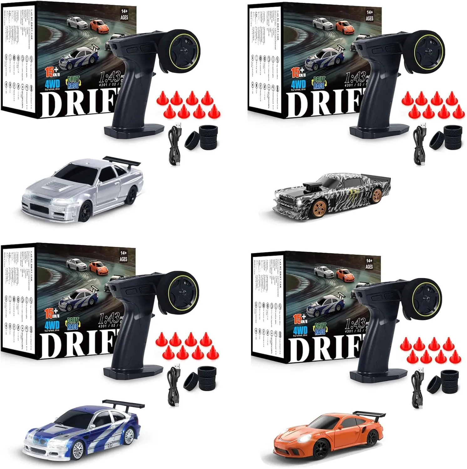 4Pcs 1/43 Mini RC Drift Car with Gyroscope, 2.4GHz Full Proportional High Speed Remote Control Car, RTR 4WD Fast RC Cars with LED Lights Racing Tires, Hobby RC Cars Toy Model Gift for Adults, Kids