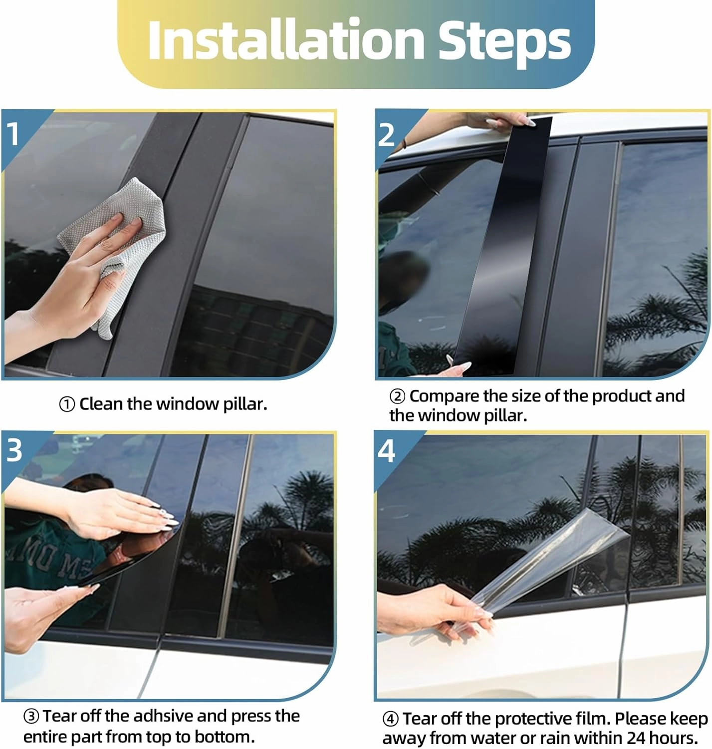 4pcs Glossy Black Exterior Door Window Pillar Posts Molding Cover Panel Trim Stickers Side Door Window Cover Trim Kits for Toyota Tacoma TRD Off Road 2024 2025 Accessories