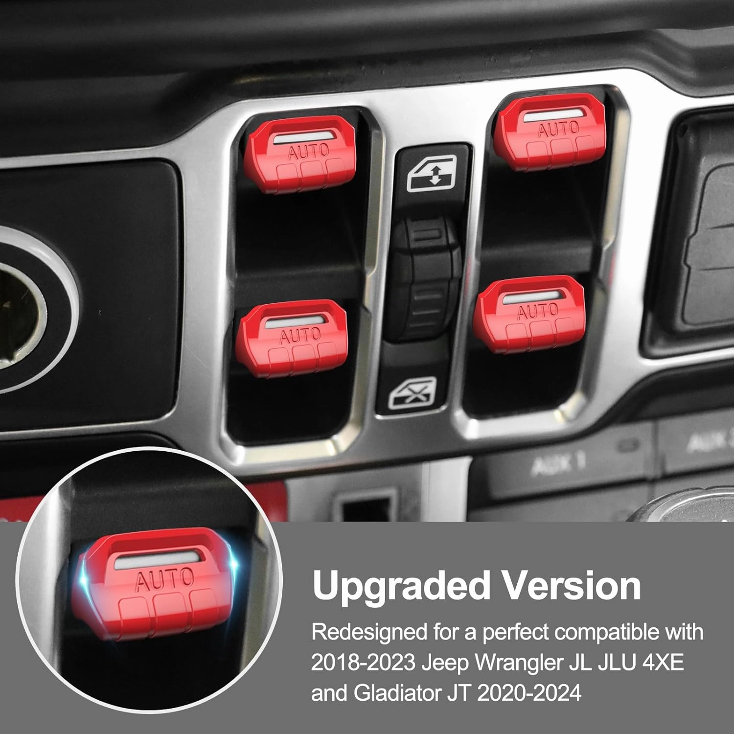 4PCS Upgraded Window Switch Button Cover Compatible with Jeep Wrangler JL JLU 2018-2025 and Gladiator JT 2020 2021 2022 2023 2024 2025 Wrangler 4xe Interior Accessories(Bright Red)