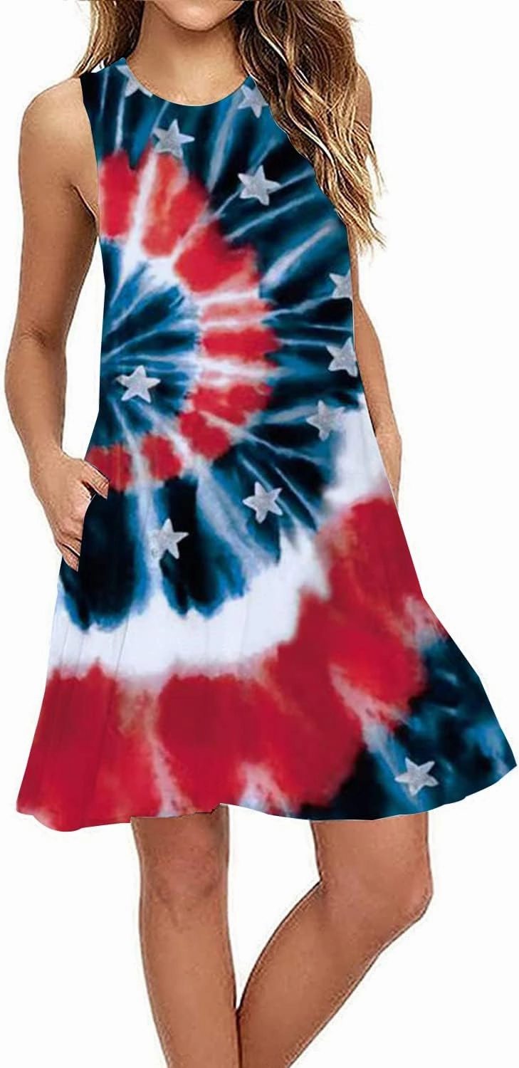 4th of July Women's Slessveless American Flag Stripes Summer Red White Blue Dresses