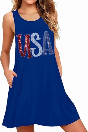 4th of July Women's Slessveless American Flag Stripes Summer Red White Blue Dresses